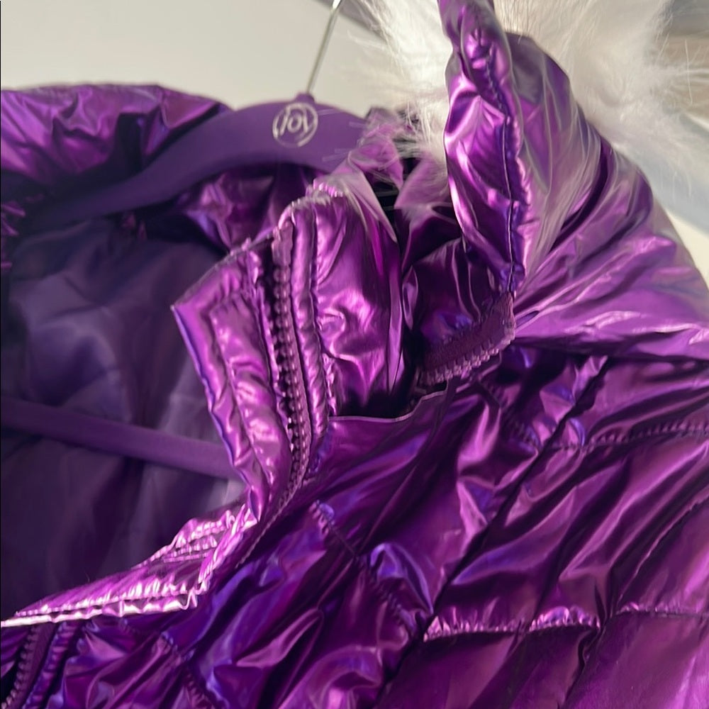 Purple Violet Metallic Puffer Ski Jacket with Faux Fur Hood Medium
