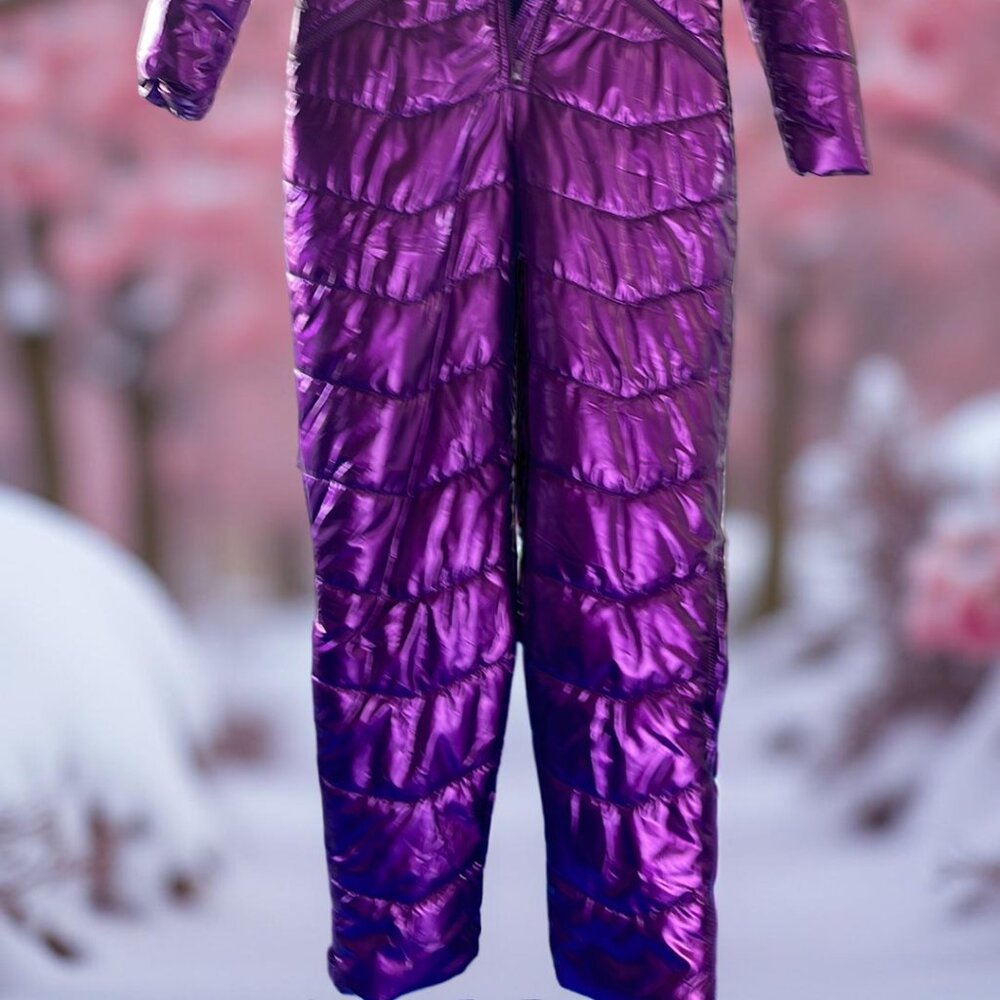 Purple Violet Metallic Puffer Ski Jacket with Faux Fur Hood Medium