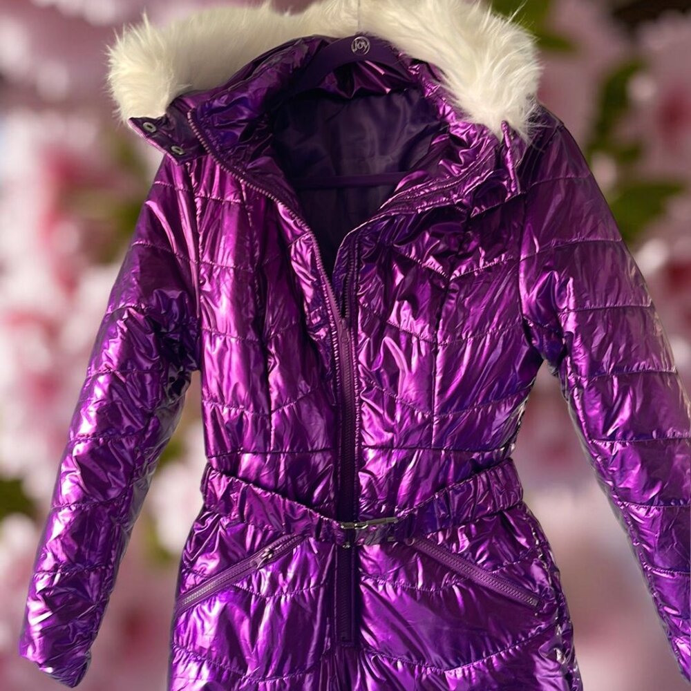 Purple Violet Metallic Puffer Ski Jacket with Faux Fur Hood Medium