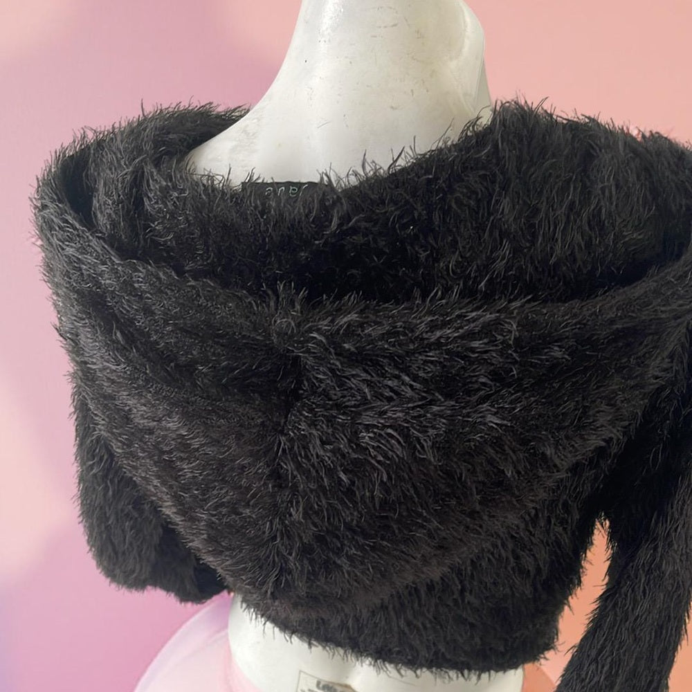 Jade - Cozy Black Fuzzy Cropped Jacket with large hoodie