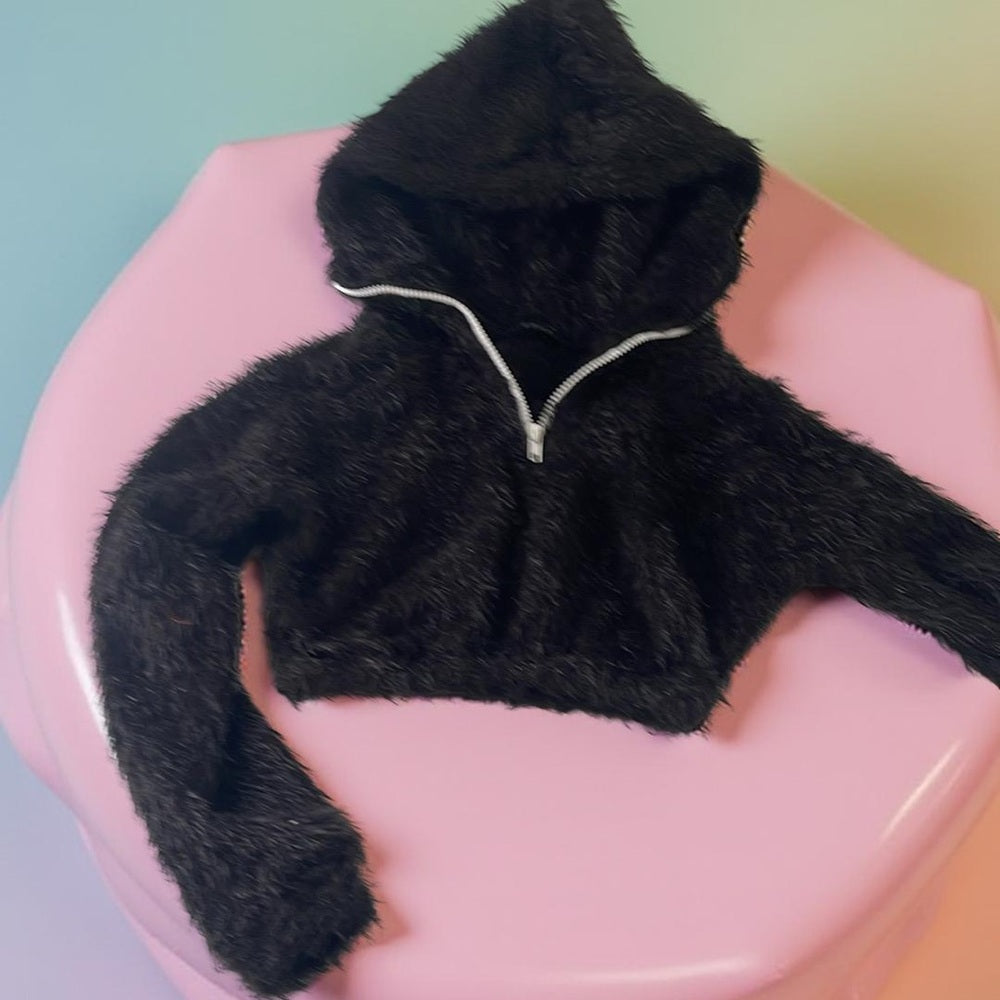 Jade - Cozy Black Fuzzy Cropped Jacket with large hoodie