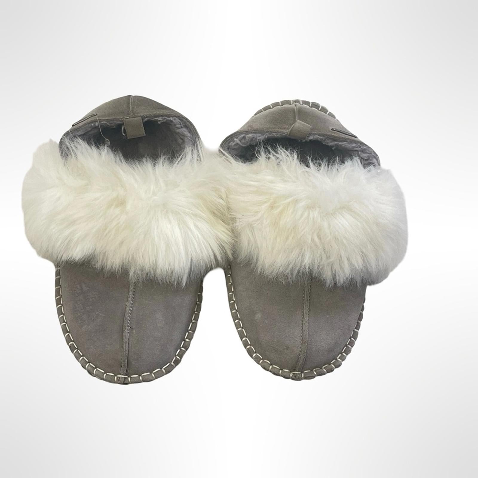 Bearpaw Leather Grey Slippers with Faux Fur Trim size 9