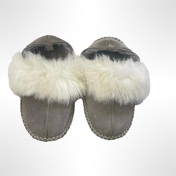 Bearpaw Leather Grey Slippers with Faux Fur Trim size 9
