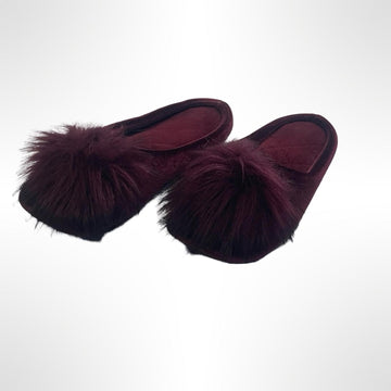 Elegant Burgundy Fur Pom-Pom Women's Slippers size 7.5