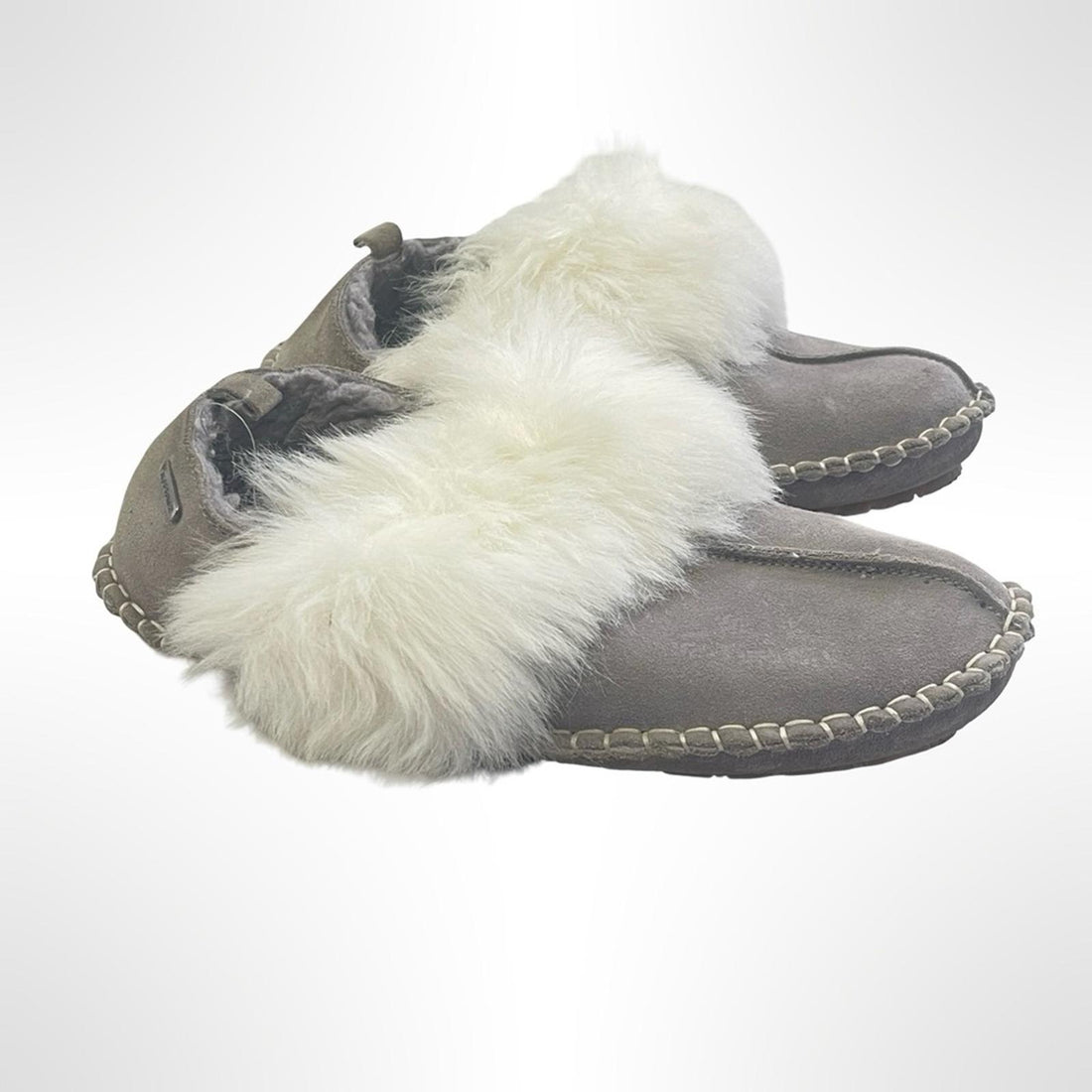 Bearpaw Leather Grey Slippers with Faux Fur Trim size 9