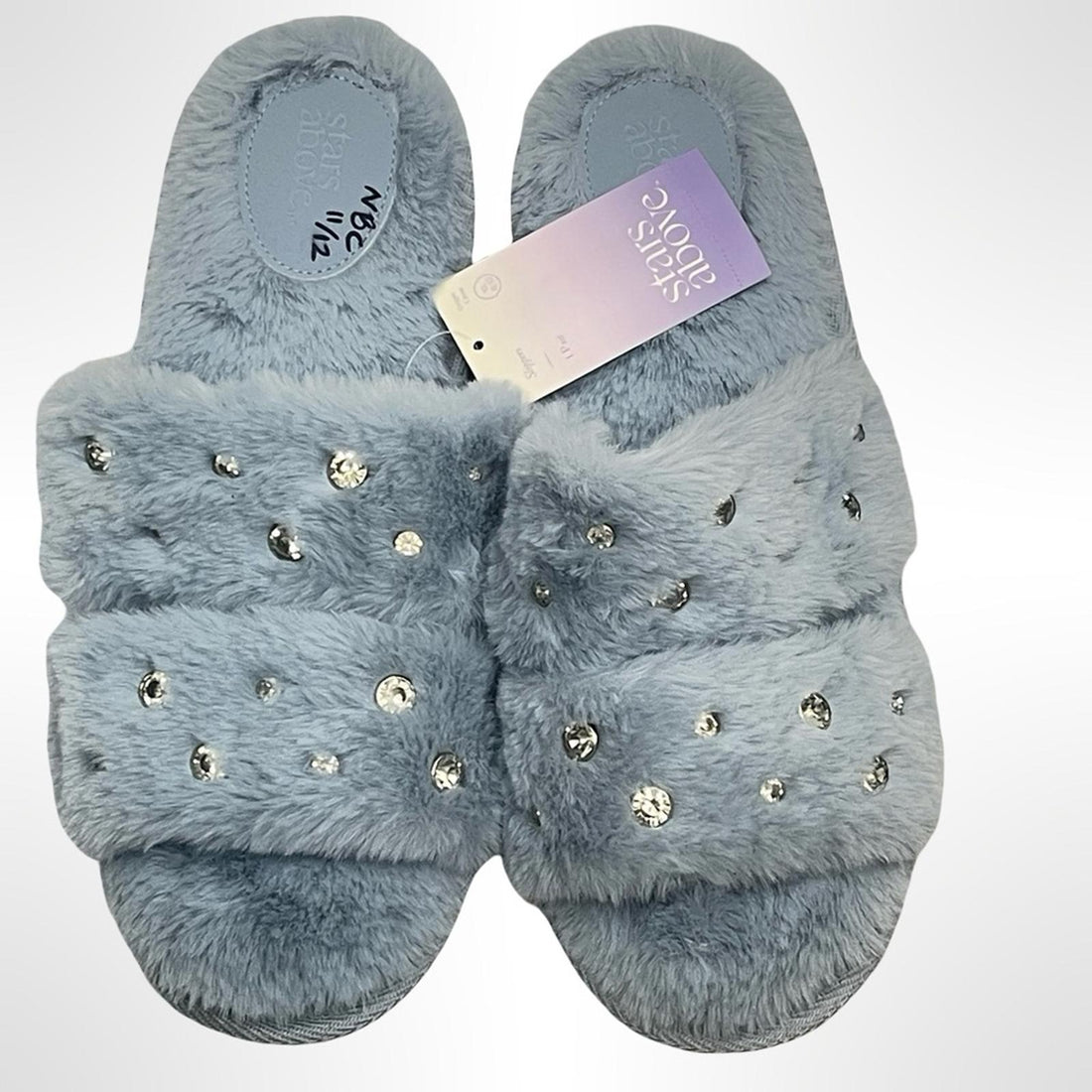 Blue Fuzzy Slippers with Rhinestones NWT