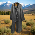 Gray Country Cowboy coat on a hanger with a mountainous landscape in the background