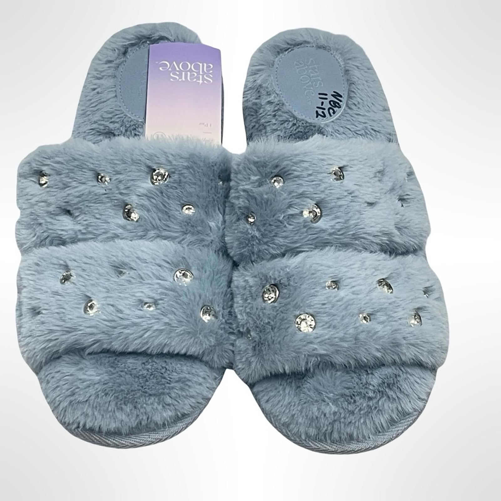 Blue Fuzzy Slippers with Rhinestones NWT