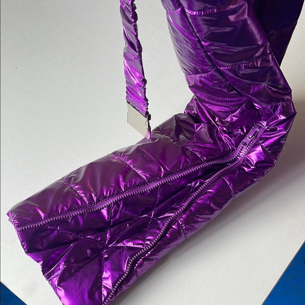 Purple Violet Metallic Puffer Ski Jacket with Faux Fur Hood Medium