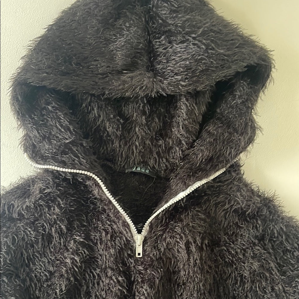Jade - Cozy Black Fuzzy Cropped Jacket with large hoodie