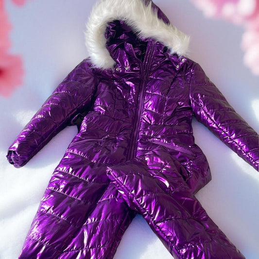 Purple Violet Metallic Puffer Ski Jacket with Faux Fur Hood Medium