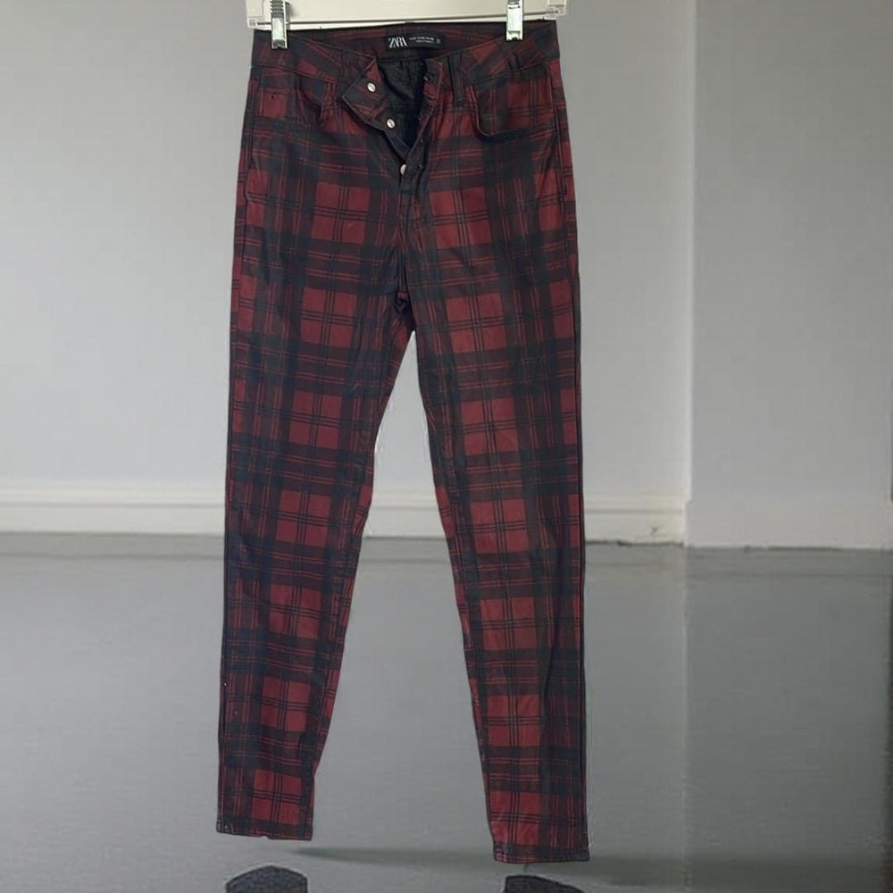 Zara Red and Black Plaid Pants Size 26