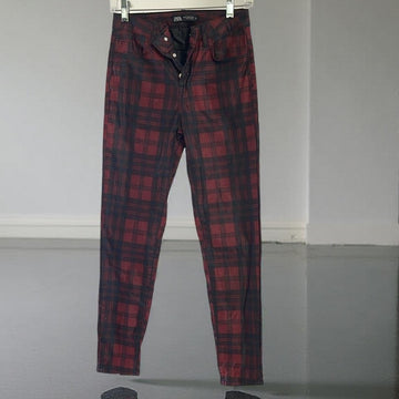 Zara Red and Black Plaid Pants Size 26