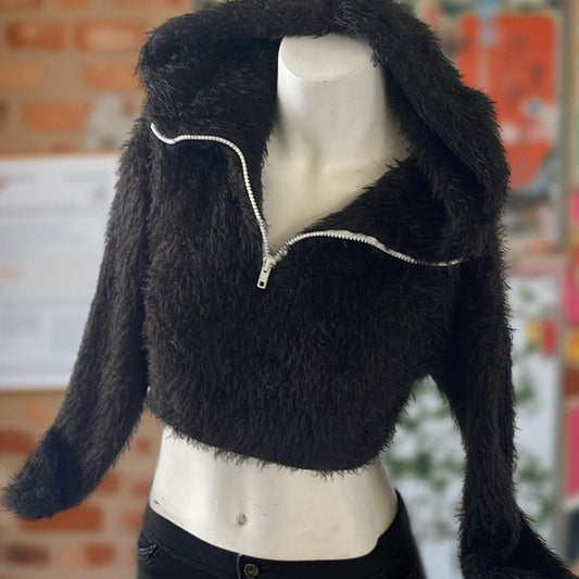 Jade - Cozy Black Fuzzy Cropped Jacket with large hoodie