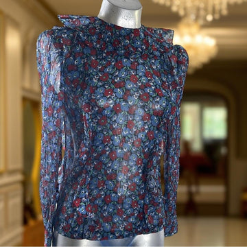 Robert Rodriguez Floral Sheer Long Sleeve Top - Blue and Red - SMALL- NWT
