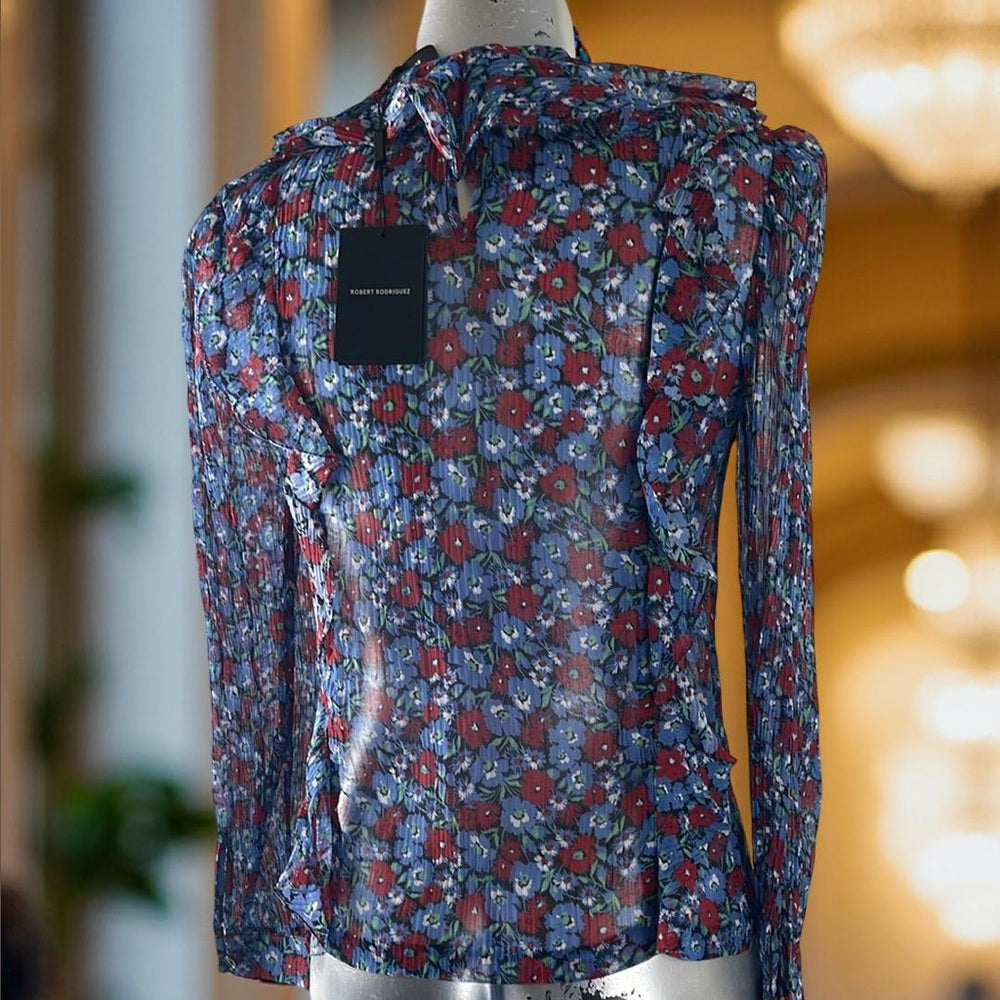 Robert Rodriguez Floral Sheer Long Sleeve Top - Blue and Red - SMALL- NWT