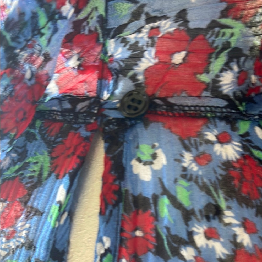 Robert Rodriguez Floral Sheer Long Sleeve Top - Blue and Red - SMALL- NWT