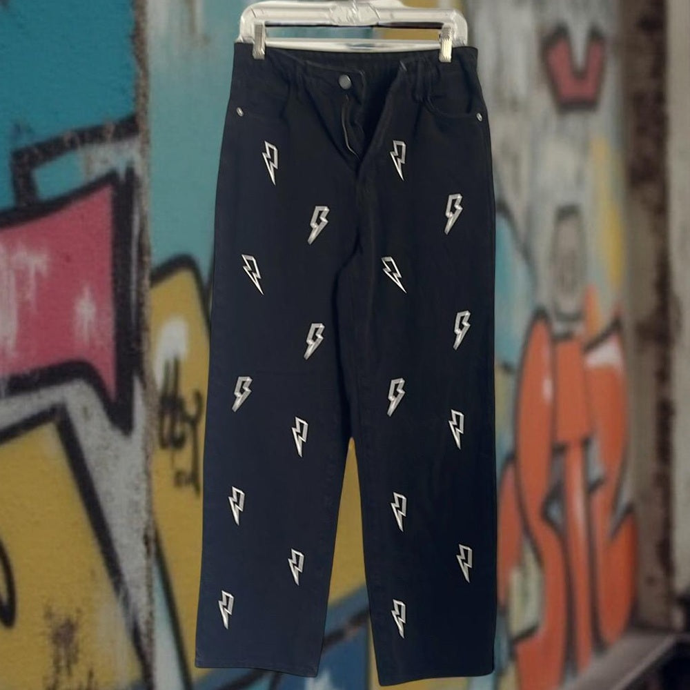 Shein Women Black Lightning Bolt Patterned Baggy Pants NWOT