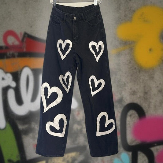 Shein Black Baggy Women's Jeans with Heart Design - NWOT